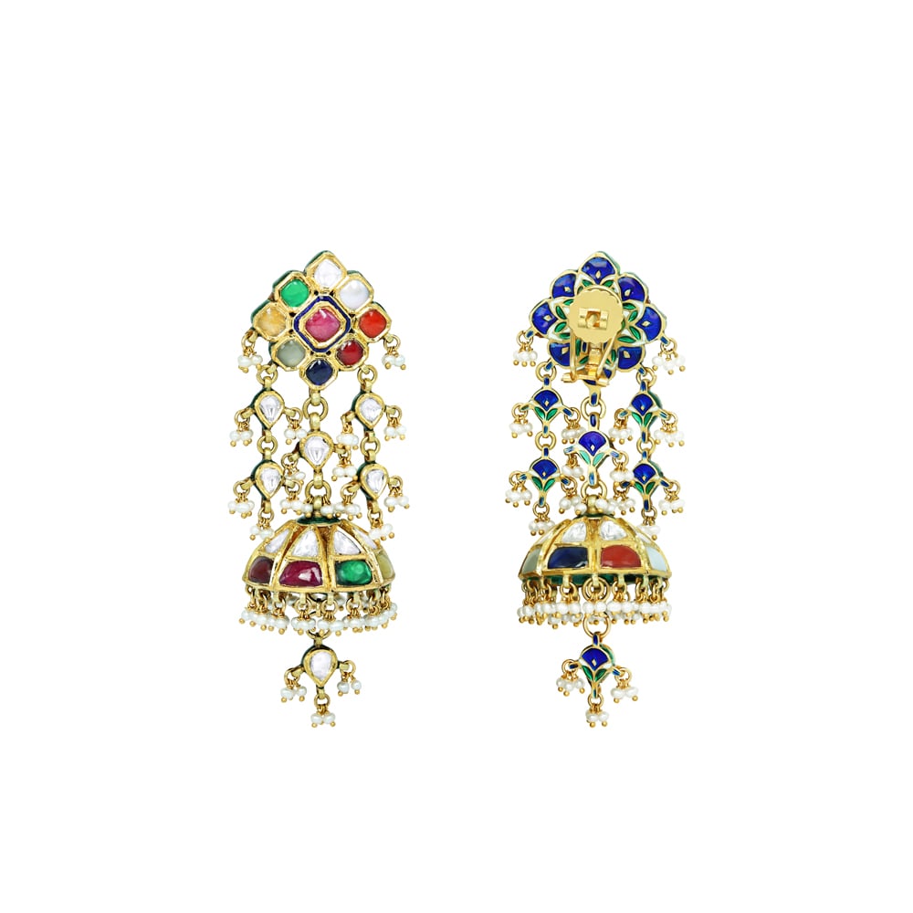Navratan Jhumki Earrings with Polki, Navratan Gems, and Pearl Drops